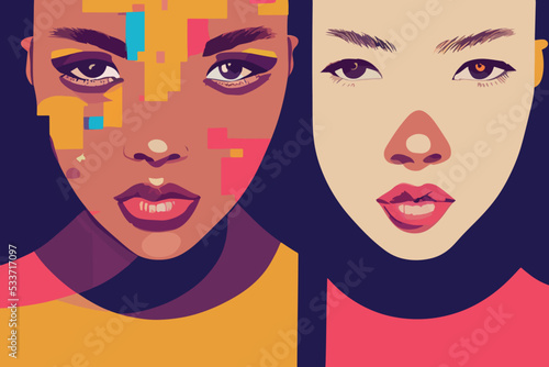 Illustration containing women of different skin tones. Defending the rights of different racial groups and fighting discrimination based on skin color and ethnicity.
