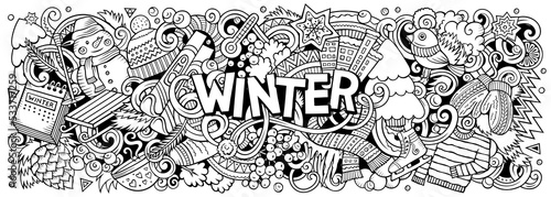 Winter cartoon doodle banner. Funny seasonal design.