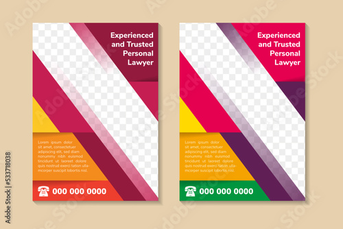 collection of Law firm flyer design template. experienced and trusted personal lawyer Legal firm banner poster leaflet. funny colorful concept with diagonal space for photo collage and text. 