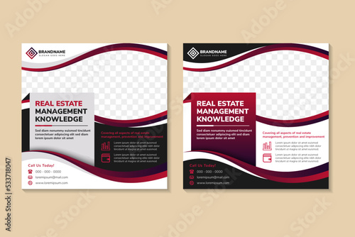 collection of Real estate management knowledge banners design template. home sale banner or social media feed post template. space for photo collage and text. white and black background. wave element.