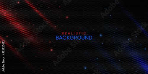Realistic hexagonal pattern in dark background with red and blue light effect and glitters