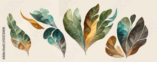 set of abstract foliage wall art vector. Leaves organic, background, banner