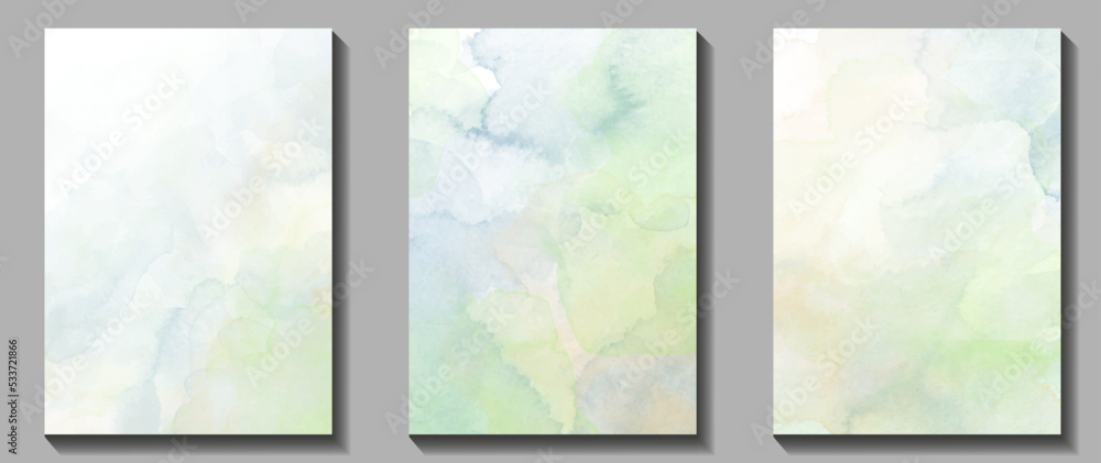 Watercolor vector art background set for cards, flyer, poster, banner and cover design. Hand drawn watercolour artistic illustration for design. Place for text. Painted texture for design.