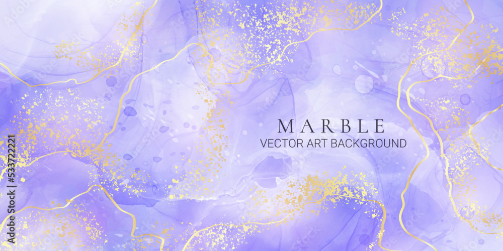 Violet cyan blue liquid watercolor background with golden stains. Teal mauve purple marble alcohol ink drawing effect. Vector illustration design template for wedding invitation, menu, rsvp