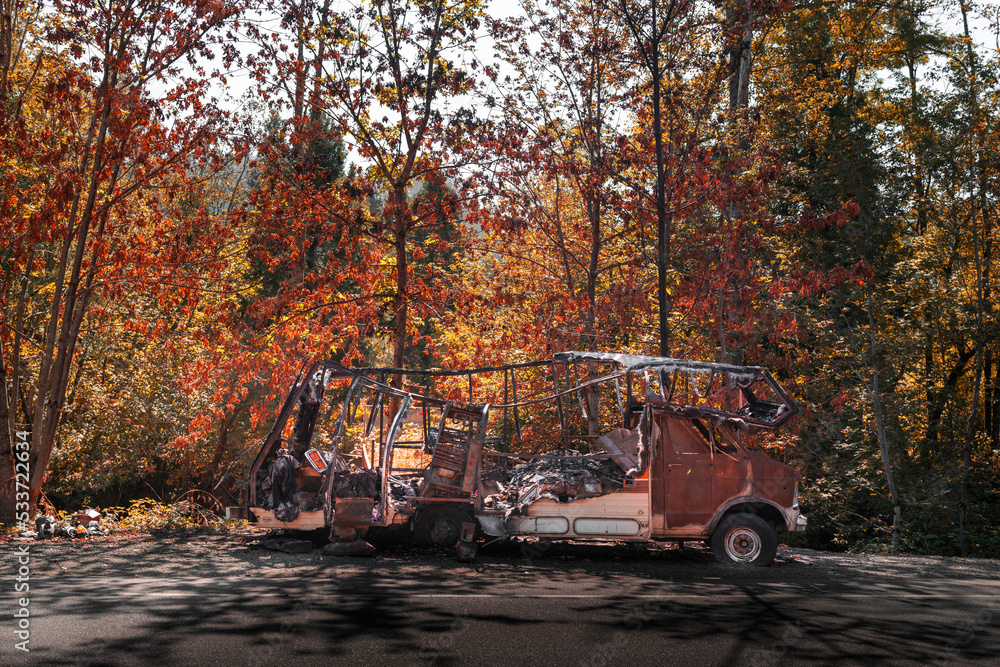 Abandoned roadside RV burned on the street in Oregon near Portland