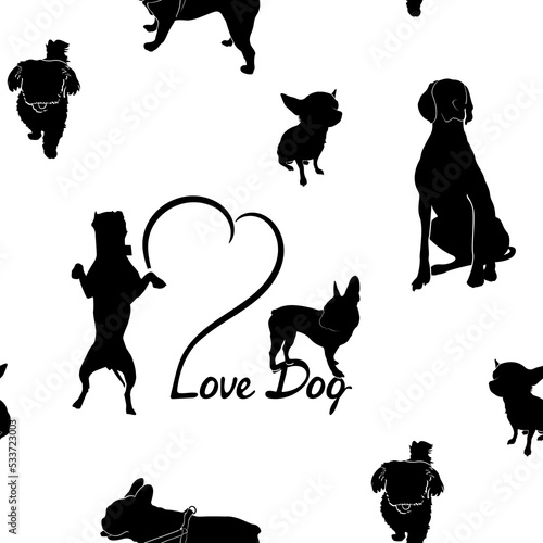 Dog seamless pattern. Different breeds of dogs. French Bulldog, American Staffordshire Terrier, Pit Bull, Chihuahua, Weimaraner and Maltese. Inscription Love dog and heart. Prints, textiles.