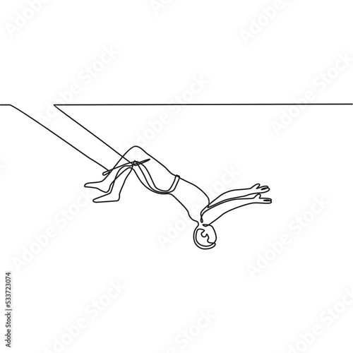 Draw a single line of an acrobat on a trapeze with legs dangling and head down while swinging arms. Bold and agile. One line drawing graphic design vector illustration.