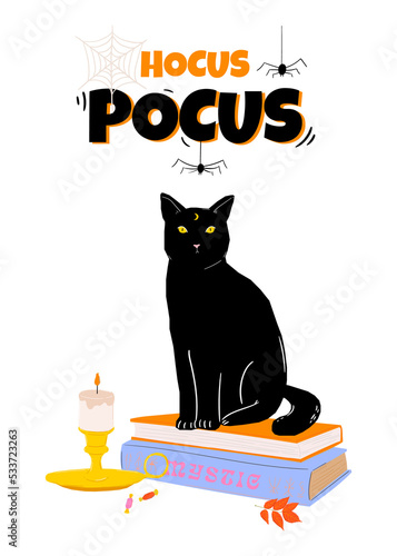 Vector cute illustrations of objects: black cat, books, spider. Halloween calligraphy. Seasonal lettering. Web banner template. Vector illustration