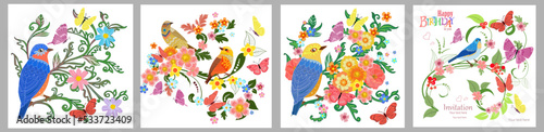 A collection of cards with birds on floral arrangements. Foliage
