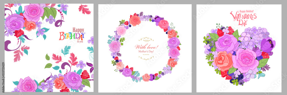 A collection of banners with floral arrangements. Foliage orname