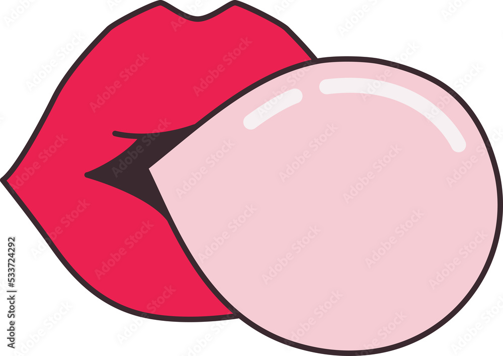 Pop woman red lips blowing bubble gum outline drawing sticker Stock