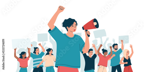 Man with loudspeaker and angry crowd on protest, strike. Concept peaceful demonstration of human rights. Group of diverse people, students at picket. Isolated flat vector illustration