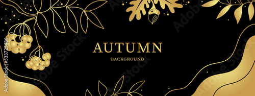 Premium card template. Horizontal. Autumn background on the black with gold plants. Vector illustration for cover, wallpaper, banner, voucher, coupon, discount. photo