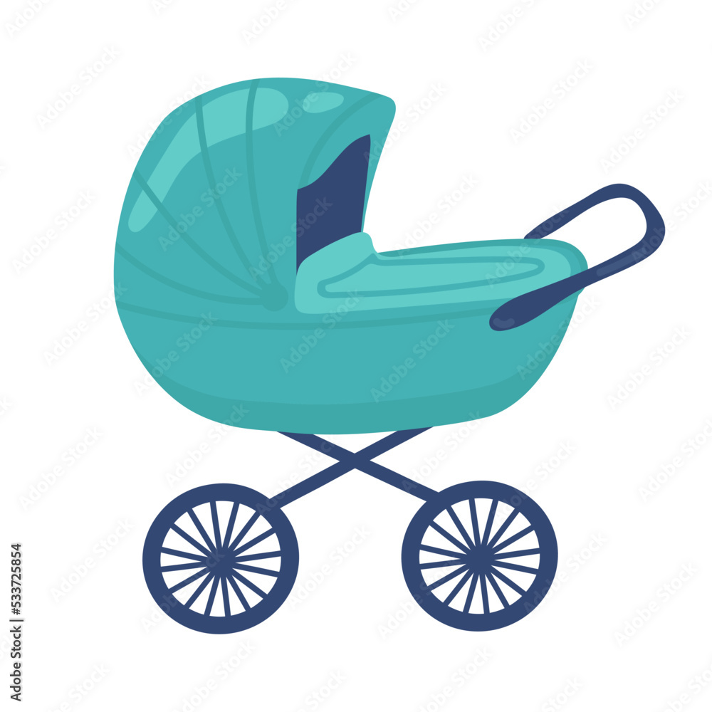 Vector blue stroller isolated on white background.