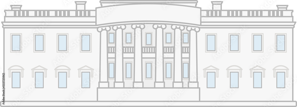 Set american white house building line flat cartoon. Washington background.