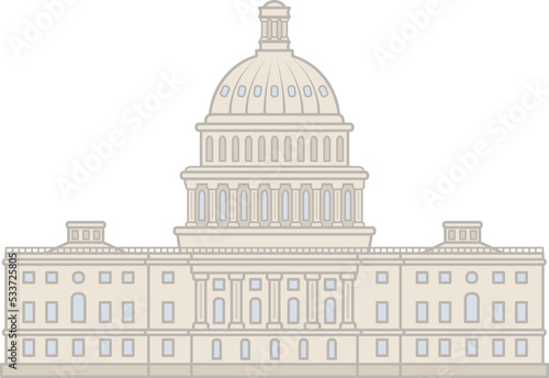 Vector american capitol building line flat cartoon. Washington background.