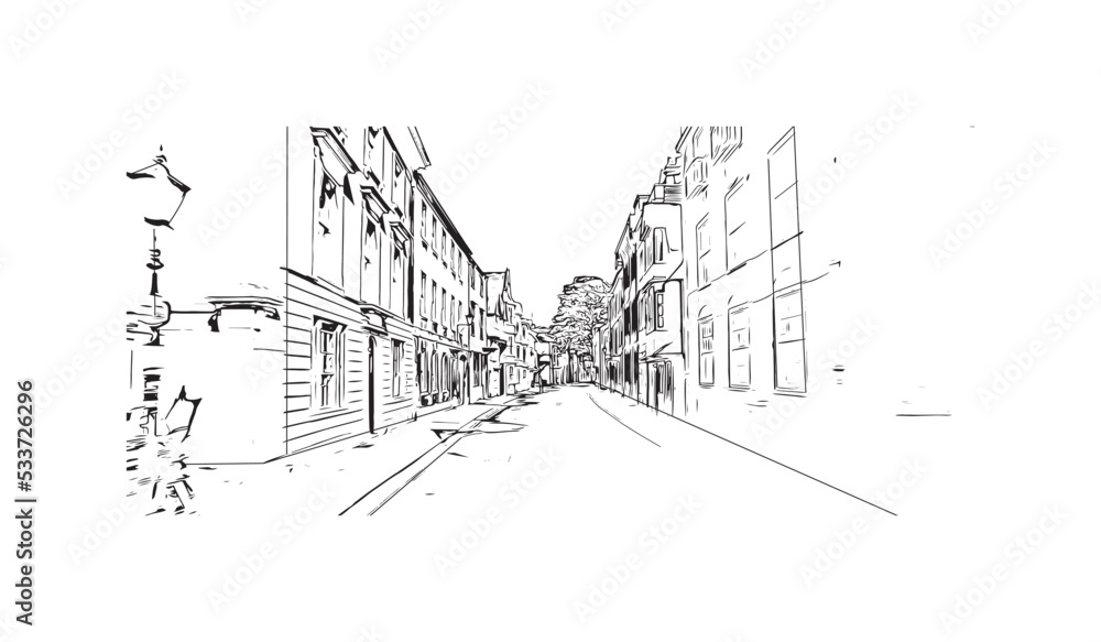 Building view with landmark of Oxford is the 
city in England. Hand drawn sketch illustration in vector.