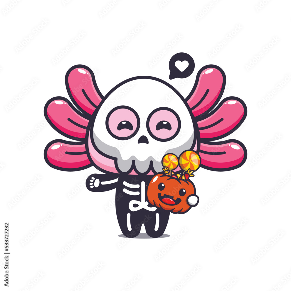 Cute axolotl with skeleton costume holding halloween pumpkin. 
Cute halloween cartoon illustration. 