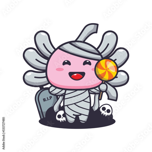 Cute mummy axolotl holding halloween candy. 
Cute halloween cartoon illustration.