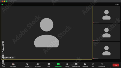 Online video call interface template with user icon. Online conference meeting. Video call screen mockup. Concept of social remote media. Blank Wireframe.