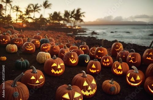 Artistic painting of Halloween pumpkin party AT the tropical Beach, Hawaiian island style - a carved glowing group of pumpkins jack-o'-lantern sitting on a tropical beach at sunrise. 3D illustration photo