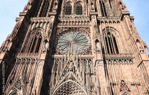 facade of Notre Dame Cathedral in Strasbourg in France