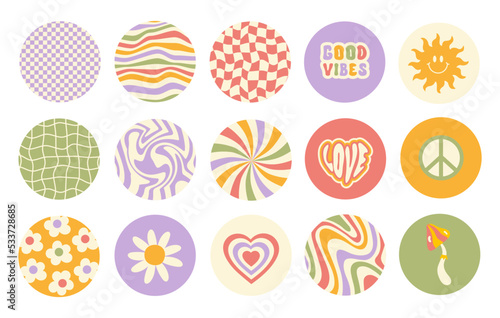 Retro vintage set groovy hippie icon isolated on a white background. Trendy  psychedelic design in style  70s, 80s. Pastel colors. Vector illustration. 