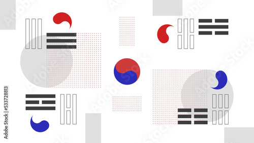 Geometric abstract background in Korean style. South Korea symbols, trigrams, white background. Minimalism. Desktop wallpaper, banner, poster. Vector illustration. photo