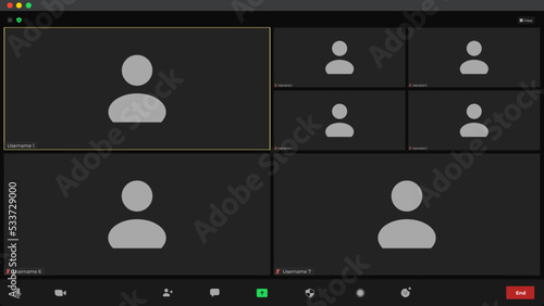 Template video conference user interface. Application for calls. Video call screen mockup. User interface from video webinars. Video call technology.