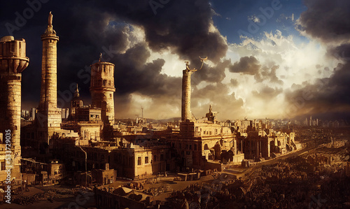 Photographie Acient city of Babylon with the tower of Babel, bible and religion, new testamen