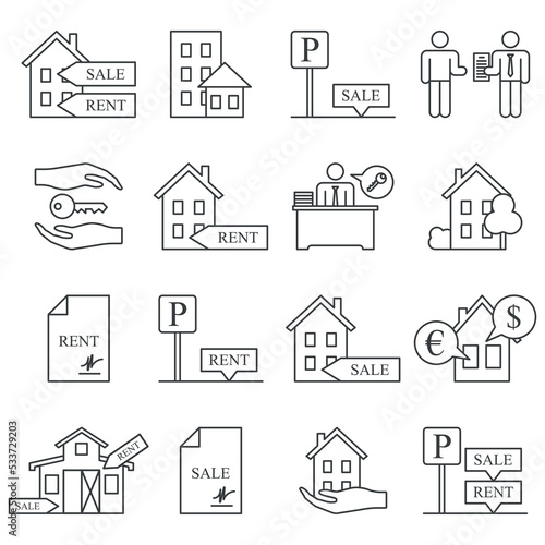 Real estate rental and sale icons set. An image of a group of linear symbols of a house, a parking space, a realtor and other things. Isolated vector on white background.