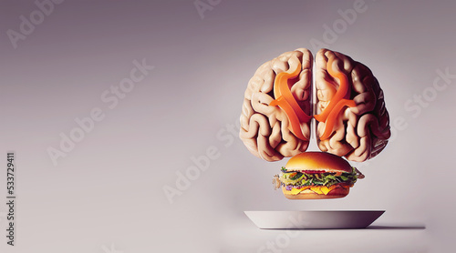 Illustration of a brain made from fast food, like a hamburger, unhealthy eating and lifestyle, risk for obesity and diabetes
 photo