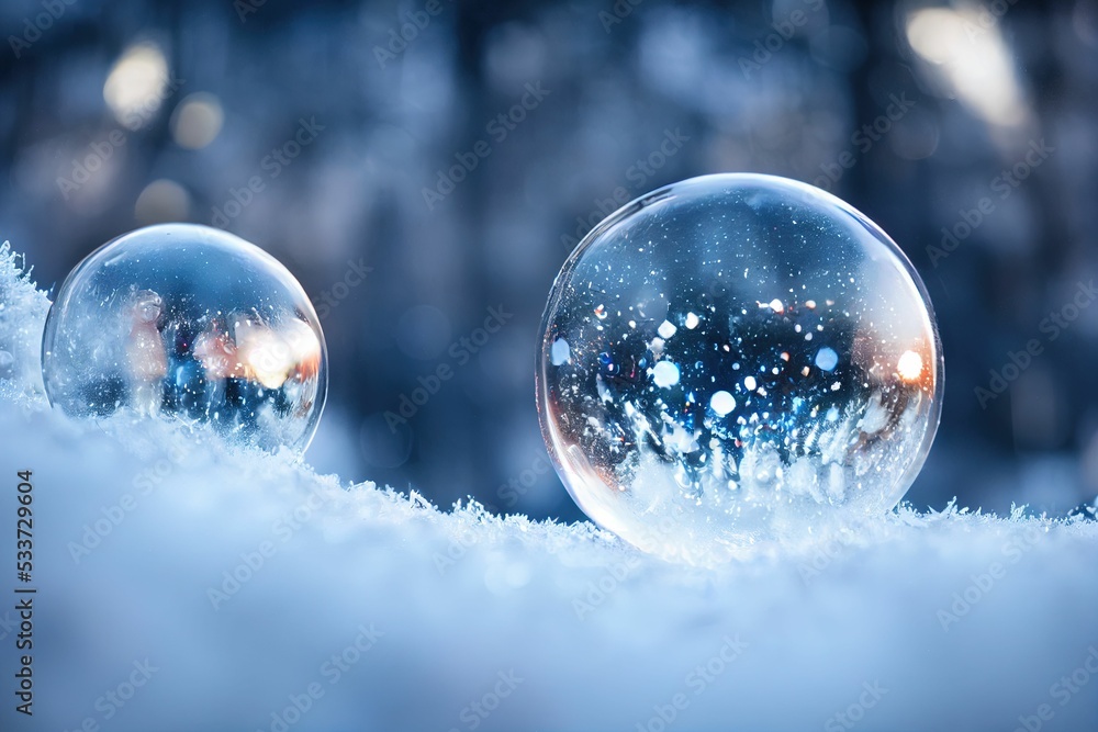 Fototapeta premium Closeup on a frozen bubble with snowflakes