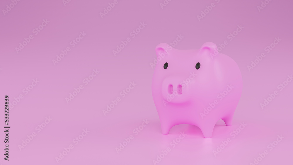3D render of realistic pink piggy bank pig sideways on pink background with empty space for the text. Concept of financial savings and banking economy.