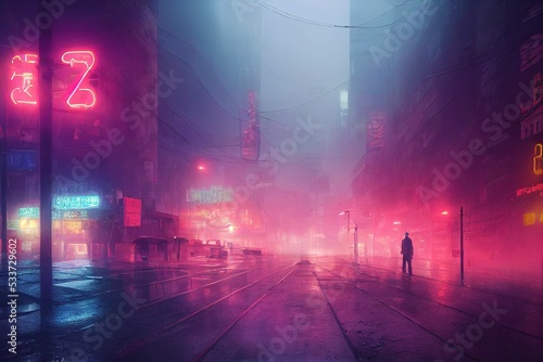 Cyberpunk dystopian cityscape, futurism in a foggy rainy city photo