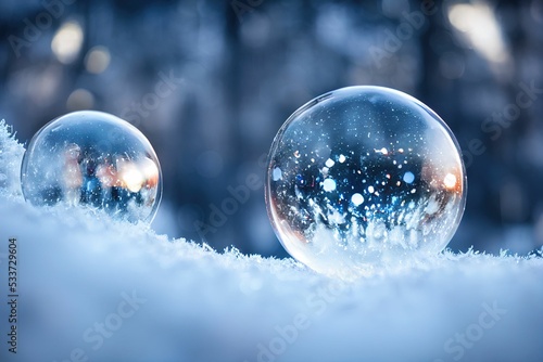 Closeup on a frozen bubble with snowflakes