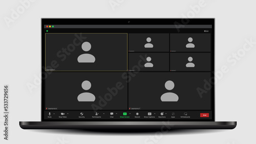 Online video call interface template with user icon. Online conference meeting. Call screen template. Video Call Template. Meeting App Flat Vector.