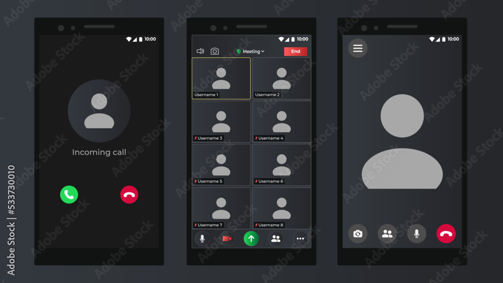 Template video conference user interface. Online conference meeting. Video conferencing window overlay. Meeting App UI Interface. Vector illustration. Template video conference user interface. Online conference meeting. Video conferencing window overlay. Meeting App UI Interface. Vector illustration.