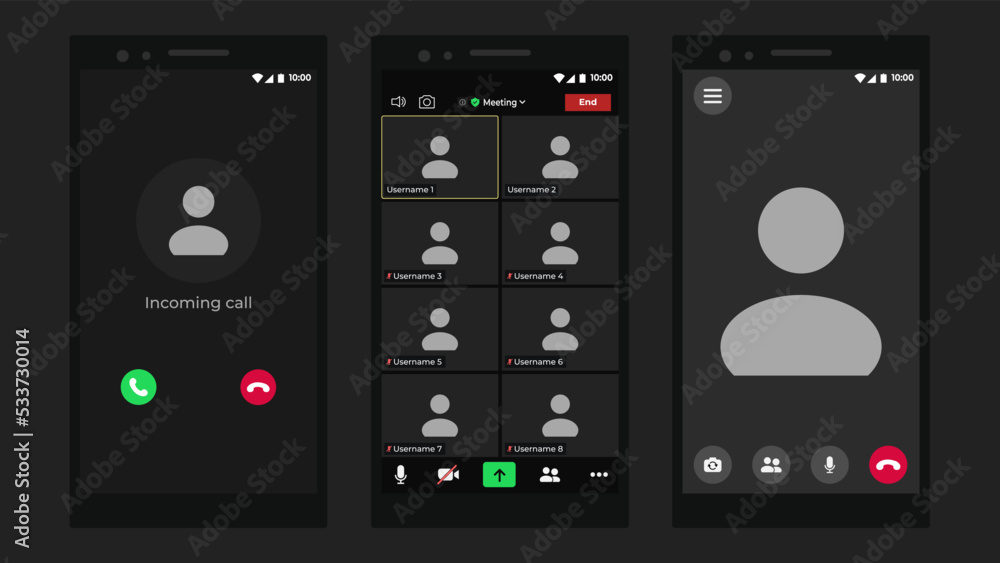 Online video call interface template with user icon. Application for calls. Communication windows for app and desktop. Online business webinar chat. Meeting App Flat Vector. Online video call interface template with user icon. Application for calls. Communication windows for app and desktop. Online business webinar chat. Meeting App Flat Vector.