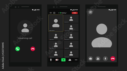 Video conference user interface. Video calls window overlay. Online chat for business seminars. Digital communication. Webinar with black background.
