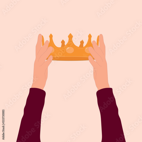 London uk 09 08 2022.Raised hands hold a crown. Coronation. Vector flat illustration. Vector flat illustration photo
