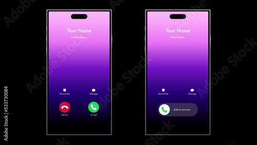 Phone call screen interface. Incoming call template on smartphone. Mobile phone display. Vector illustration.