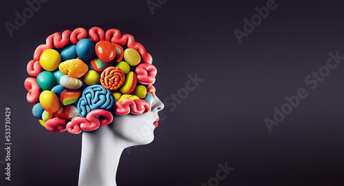 Illustration of a brain made from sweet colorful candys, unhealthy food and lifestyle, risk for obesity and diabetes 