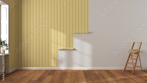 Empty room with white walls and parquet floor, shits of striped yellow wallpaper on the wall with copy space. Housework concept