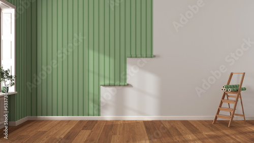 Empty room with white walls and parquet floor, shits of striped green wallpaper on the wall with copy space. Housework concept