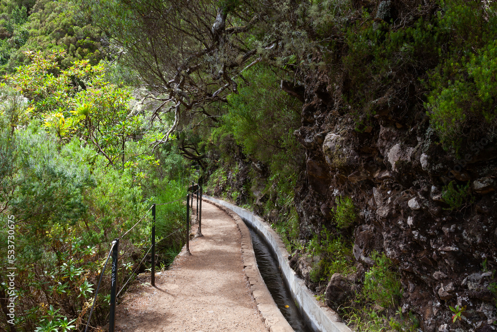 Rabacal, nature hiking area the Levada do Risco levada hiking trail, left a levada water pipe, Madeira, Portugal, Europe Rabacal, nature hiking area the Levada do Risco levada hiking trail, left a levada water pipe, Madeira, Portugal, Europe