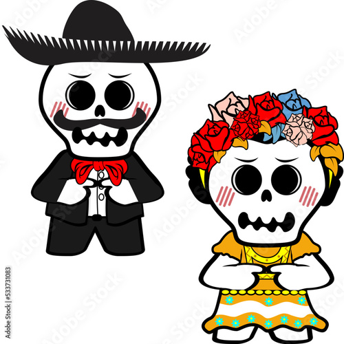 ashamed mexican kid skull cartoon couple set illiustration in vector format