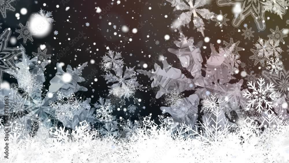 Animation of falling snow and white christmas snowflakes on black background Animation of falling snow and white christmas snowflakes on black background