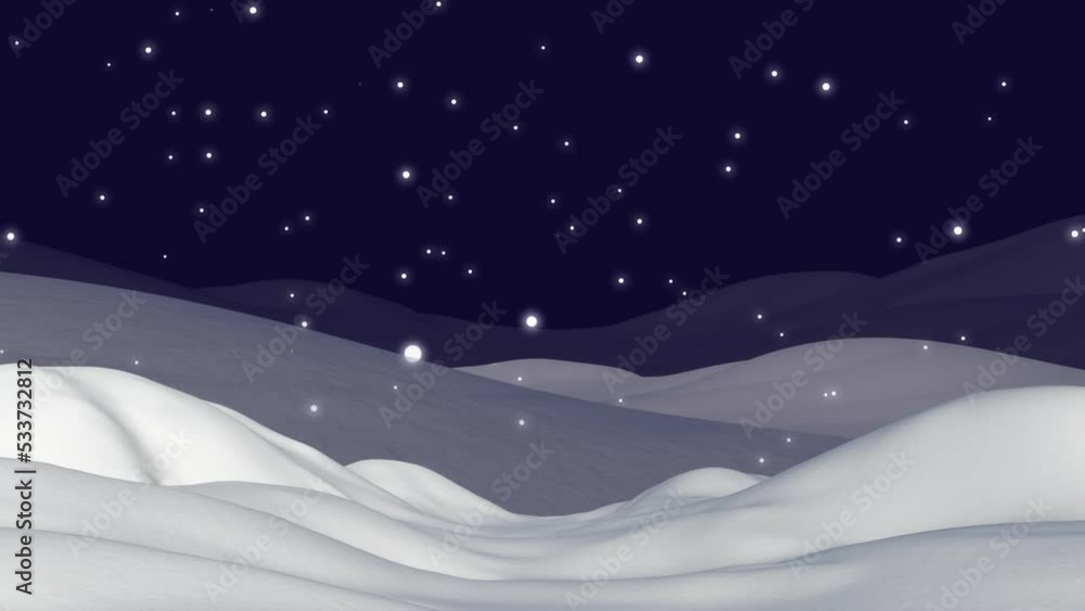 Animation of white christmas snow falling over night sky and winter landscape Animation of white christmas snow falling over night sky and winter landscape
