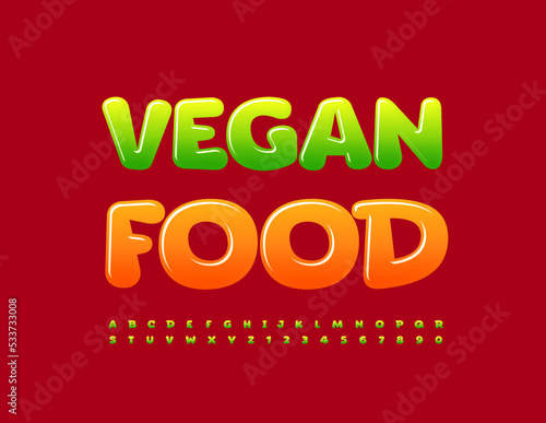 Vector colorful logo Vegan Food. Glossy Font. Modern Green Alphabet Letters and Numbers set